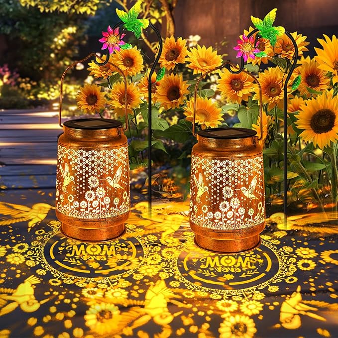 2 Pack Solar Lanterns Outdoor Garden Decor with Shepherd Hook, Gardening Gifts for Mom Grandma Women Hummingbird Sunflower Metal Decor Waterproof Solar Lights LED Decorative for Garden Yard Patio
