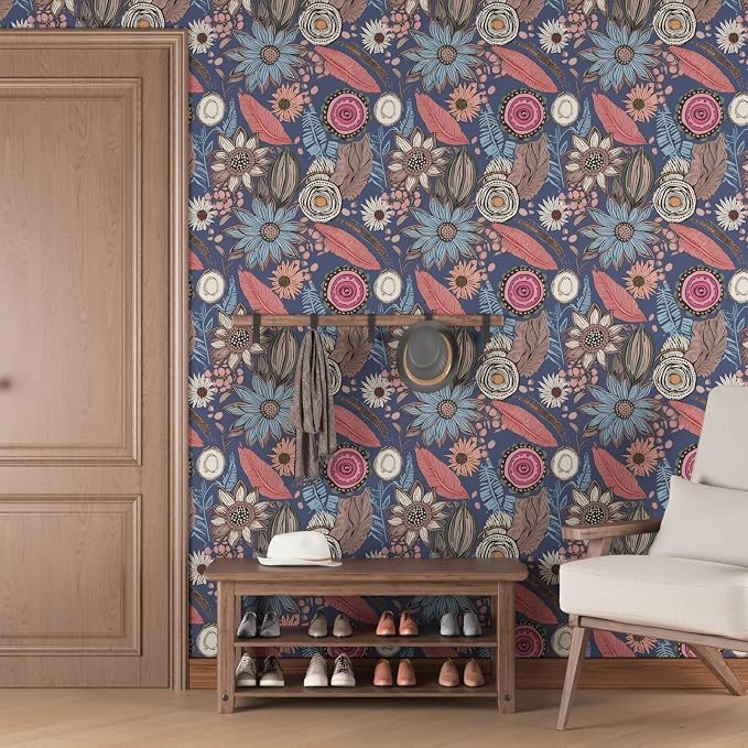 Blue Pink Wallpaper Peel and Stick, Vintage Boho Floral Contact Paper 17.5" x - Image 8