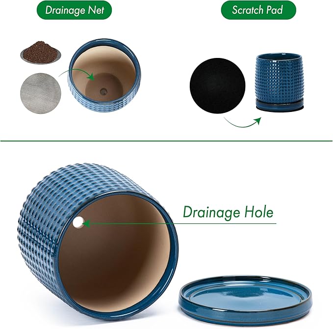 D'vine Dev 4 Inch Ceramic Beaded Stoneware Planter Pot - Flower Pot with Drainage Holes and Saucers for Indoor Succulent Plants or Flowers, Midnight Blue, 27-C-Z-3