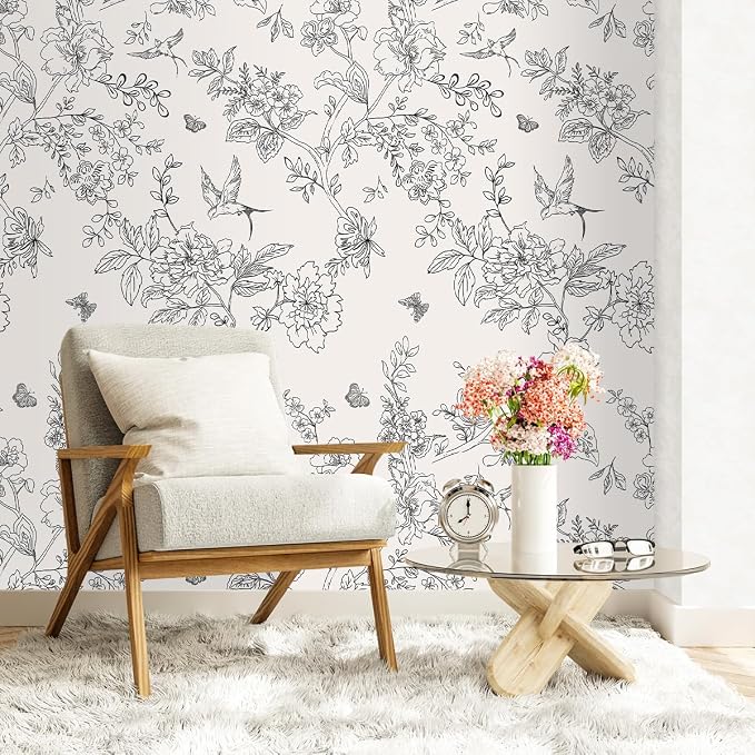 Froluya Black and Cream White Floral Wallpaper Peel and Stick Wallpaper - Image 4