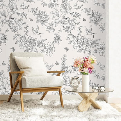 Froluya Black and Cream White Floral Wallpaper Peel and Stick Wallpaper - Image 4
