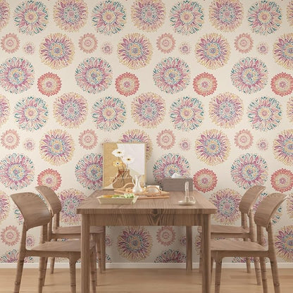 Beige Boho Wallpaper Peel and Stick, Vintage Circle Floral Contact Paper 17.5" - Image 5