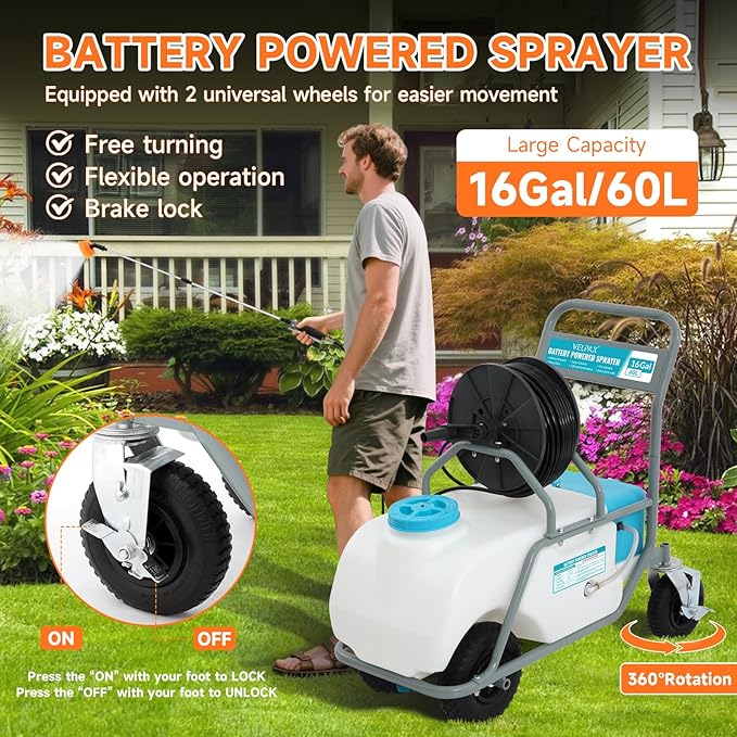 16 Gallon Battery Powered Sprayer,90 PSI Electric Pump,6 Hours Long Battery Life,12V 8Ah Battery,Adjustable HD Wand and 10 Nozzles,Portable Sprayer with Wheels for Lawn & Garden Spraying, Cleaning