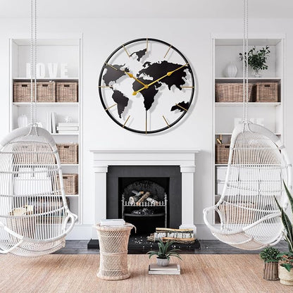 Large World Map Wall Clock, Metal Minimalist Modern Clock, Round Silent - Image 6