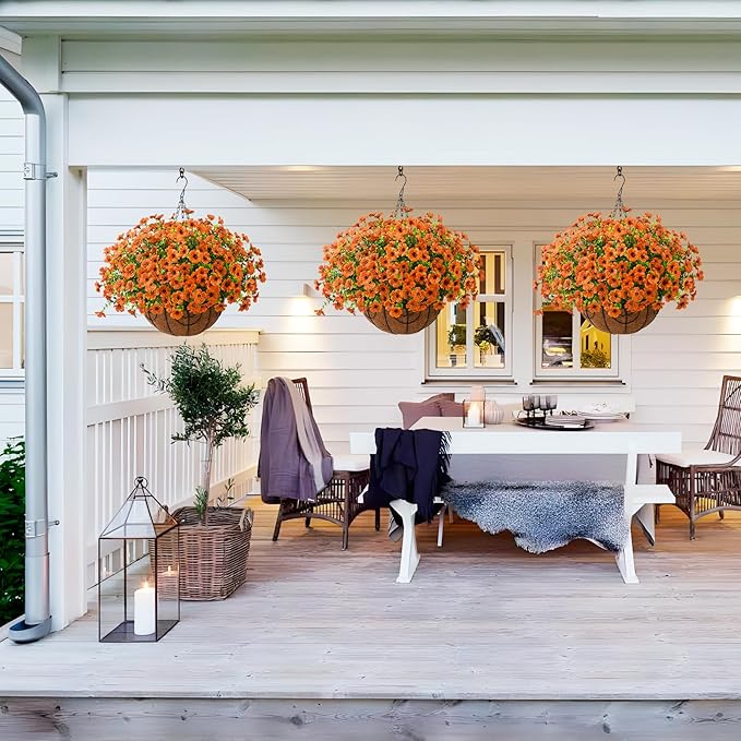 Artificial Faux Hanging Plants Flowers Basket Outdoor Indoor Patio Lawn Garden Spring Decor, Fake Silk Daisy in Basket with 12inch Coconut Lining Chain Palm Flowerpot(Orange)