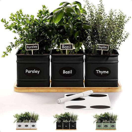 Herb Planter Indoor - 3 Iron Herb Pots with Drainage Holes, Varnished Bamboo Tray, Customizable Labels & Marker Pen - Indoor Herb Garden Planter - 3 Pots for Herbs - Inside Spice Garden - Basil Pot