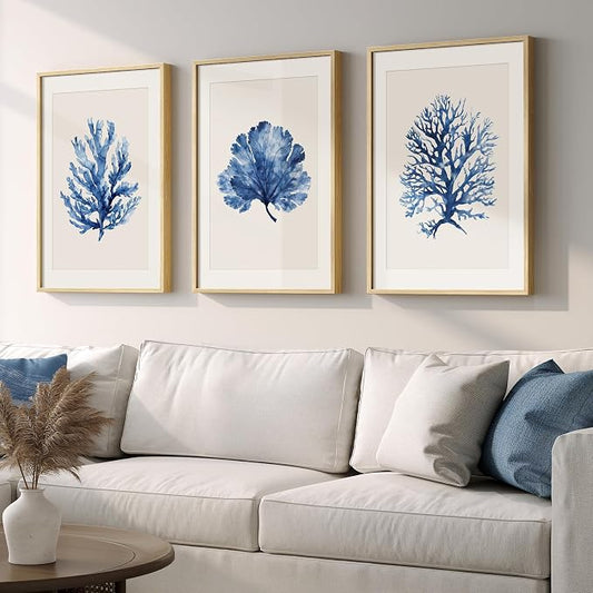Framed Coastal Coral Wall Art for Living Room, Large Navy Blue Watercolor Coral by Cuspin