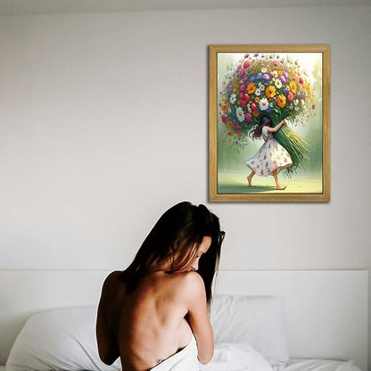 Wood Framed Pink Wildflower Canvas Wall Art, Girl Hugging Flowers Poster Prints - Image 6