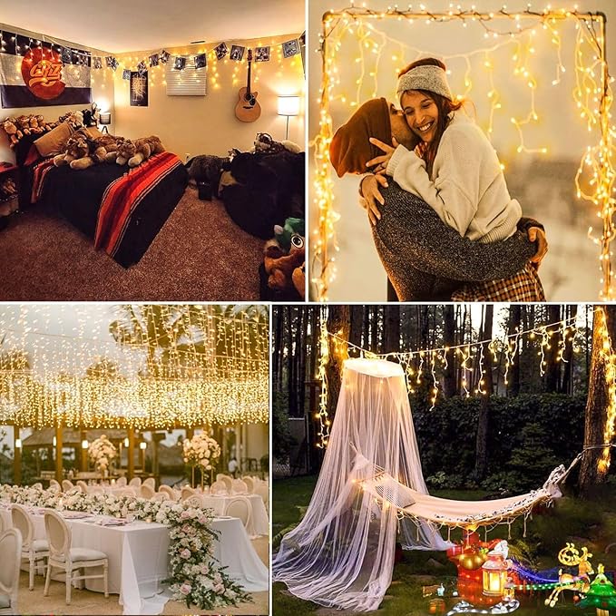 132ft Icicle Lights for Outside - 1280 LED Warm White Christmas Lights with 240 Twinkle Drops, 8 Modes Plug in Waterproof Timer Memory for Tree Wedding Party Window Patio Eave Yard Holiday Decoration