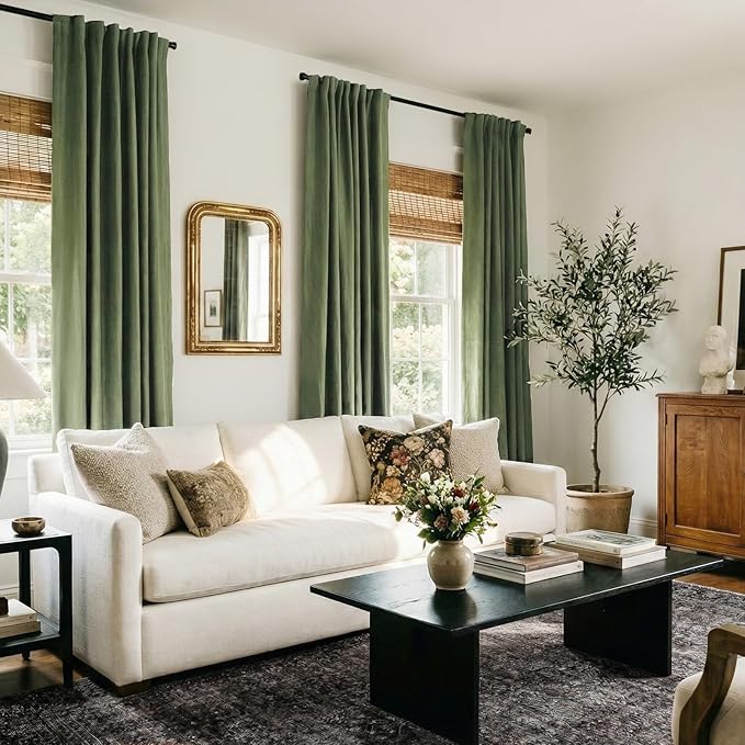 100% Blackout Shield Olive Green Linen Blackout Curtains - Image 5
