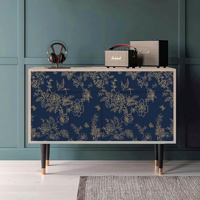 Froluya Dark Blue and Gold Vintage Floral Peel and Stick Wallpaper 17.7"x118.1" - Image 6