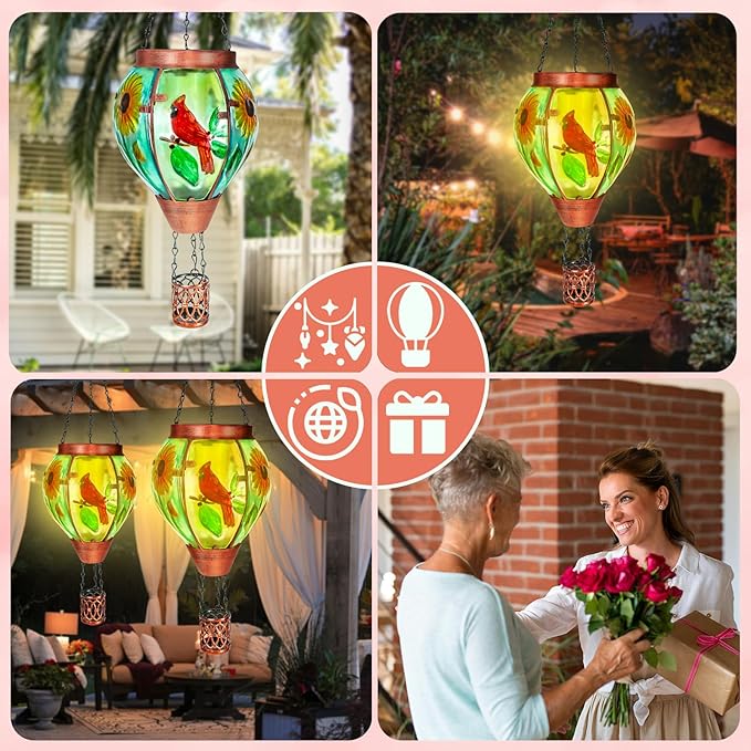2 Pack Solar Hot Air Balloon Lantern With Flame, Cardinal Glass Solar Hanging Lights for Outdoor Yard Patio Farmhouse Decoration, Gifts for Women Grandma Mom
