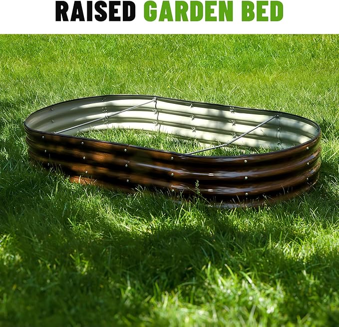 SnugNiture 6x3x1ft Raised Garden Bed Kit, Outdoor Oval Metal Garden Planter, Ground Planter Box for Gardening Vegetables Flowers, Brown