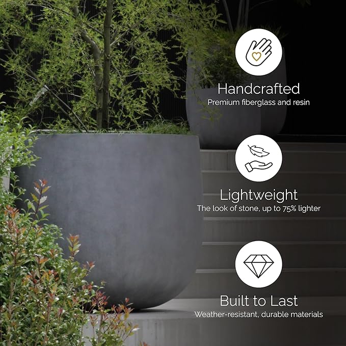 Mondo Large Planter – Grey Stone Finish – Fiberglass Indoor/Outdoor and Weather-Resistant Round Planter (33" D x 31.3" H Exterior, 31.5" D x 30.7" H Interior)