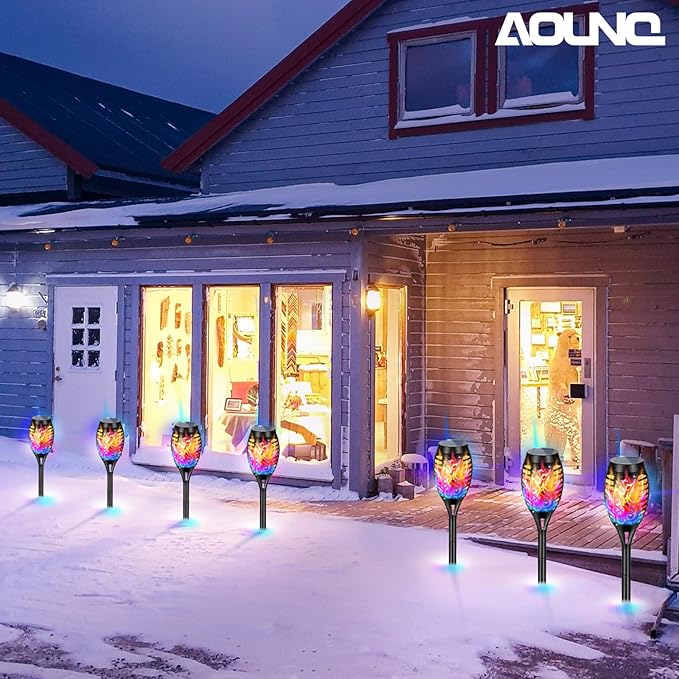 12 Pack Solar Torch Lights Outdoor Waterproof - Multicolor Flickering Flame, Outdoor Solar Garden Lights for Yard, Tiki Torches for Outside Patio Pathway Decorations