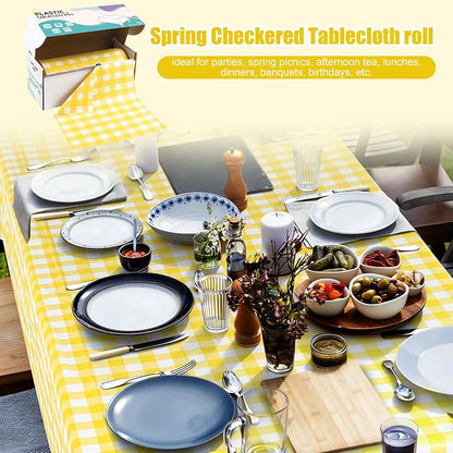 Kochorie 54 Inch x 300 Ft Light Yellow Checkered Plastic Table Cloth Roll - Image 5