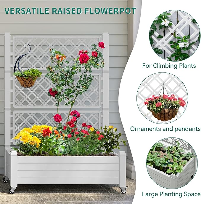 YITAHOME 43.3x17.7x61 in Planter Trellis Box with Wheels & Drain Plug, Outdoor Resin Raised Garden Bed for Climbing Plants, Large Weather-Resistant Design, Grayish-White