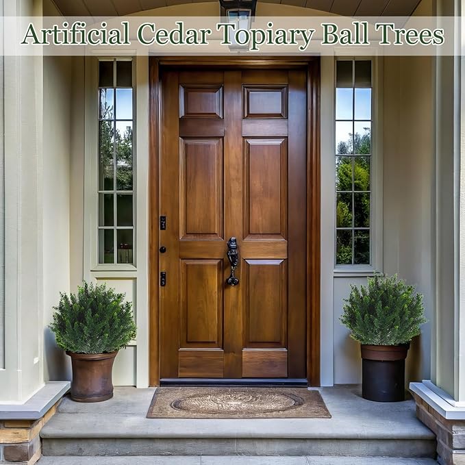 Yunlly 2 Pcs Artificial Cedar Topiary Ball Fake Tree 18" Bush Front Porch Decor Artificial Shrubs for Outdoors Faux Cypress with Ground Spike, Evergreen Plants for Indoor Garden Patio, UV Resistance