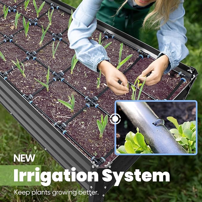 KING BIRD Raised Garden Bed with Irrigation System and Legs Galvanized Elevated Planter Box for Backyard, Patio, Balcony, 600lb Capacity, 70.9x22.8x31.5 in Dark Grey