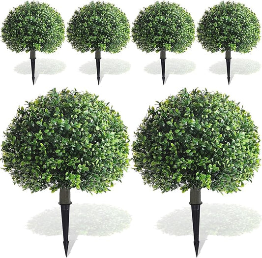 Yunlly 6 Pack 18" Artificial Boxwood Ball Bush Topiary Trees Fake Outdoor Plants, Realistic UV Resistance Faux Shrubs with Spike Greenery Topiary for Front Porch Garden Yard Patio Indoor (Green)