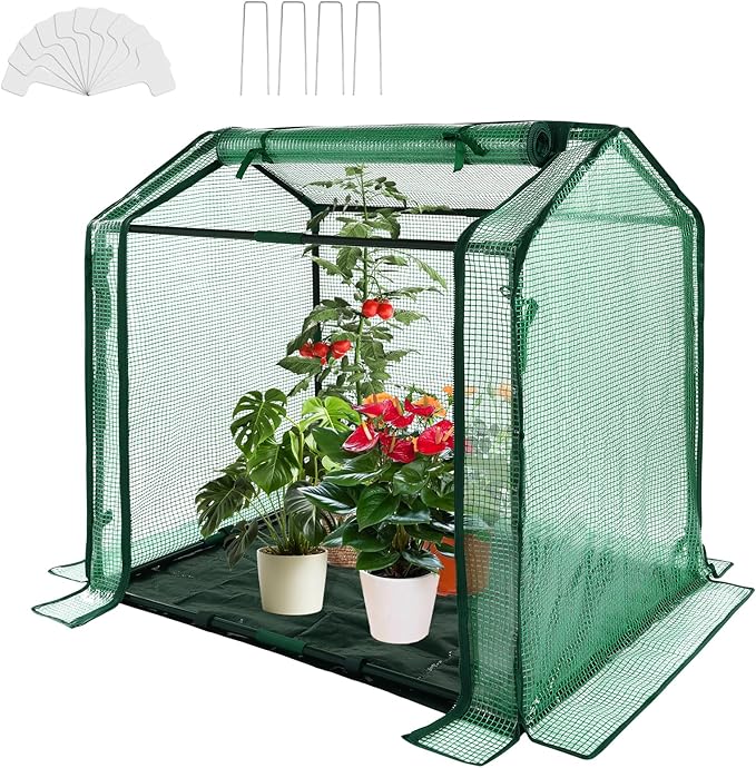 Ileading Small Greenhouse for Outdoor Indoor Portable Mini Garden Green House with Waterproof Pad, 4 Ground Stakes, 10 T-Shaped Plant Tags, Durable PE Plant Cover Tent, 33.5x23.2x32.5 Inch