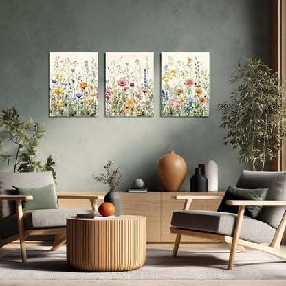 LLEEMPI Framed Watercolor Floral Wall Art Set of 3, Colorful Wildflower Wall - Image 2