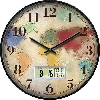 14" Silent Non-Ticking Vintage Distressed World Map Wall Clock, Battery by SCOAGE