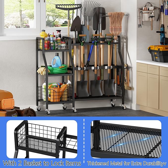keomaisyto Garden Tool Organizer with 6 Wheels(3 lockable), Heavy Duty Yard Tool organizer with 2 Basket, Large Metal Garage Tool Organization and Storage for Garage/Shed/Yard/Broom Closet/Lawn