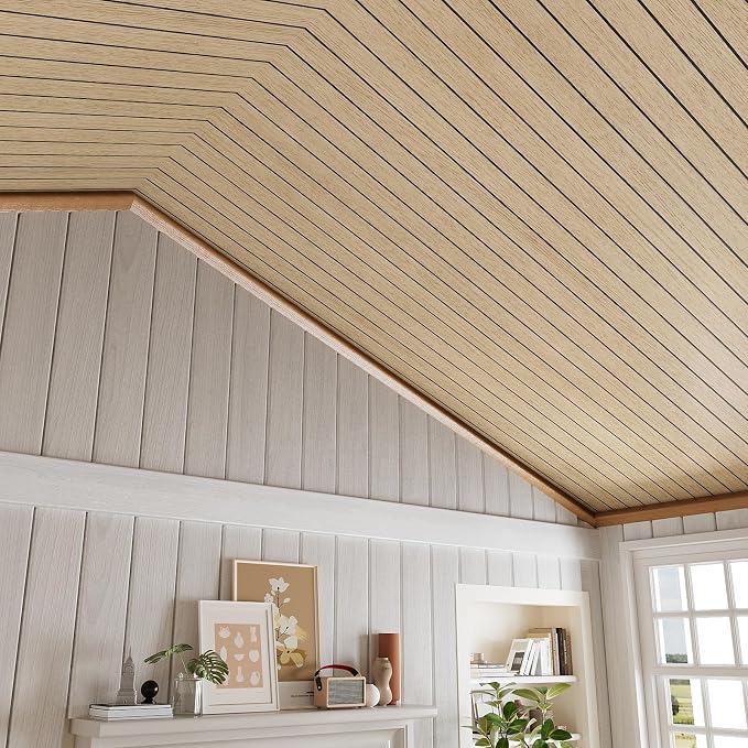 VEELIKE Light Oak Wood Wall Panels Peel and Stick Foam Slat Wallpaper - Image 6