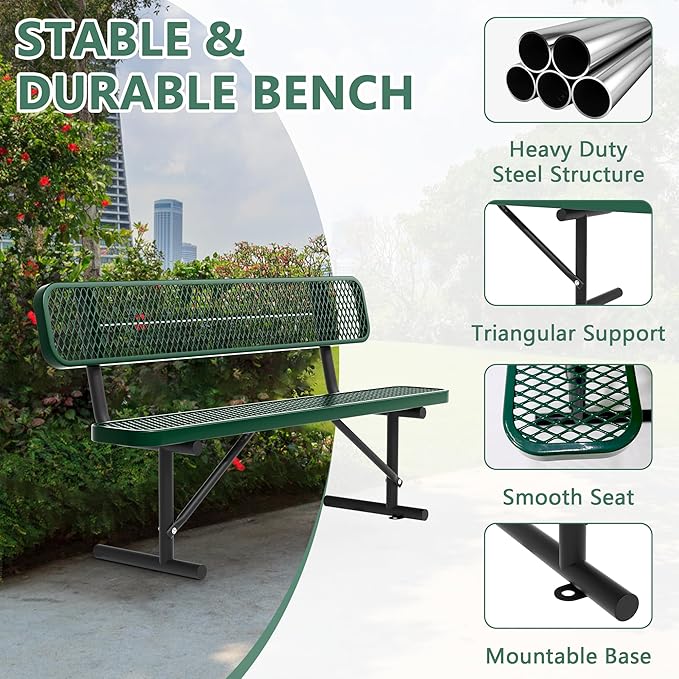 Heavy Duty Park Bench with Back Portable Frame, Outdoor Steel Bench with Backrest, Outdoor Park Bench Expanded Metal Mesh Bench for Lawn, Park, Deck, Garden, Patio, Porch, Black (Green, 6FT)