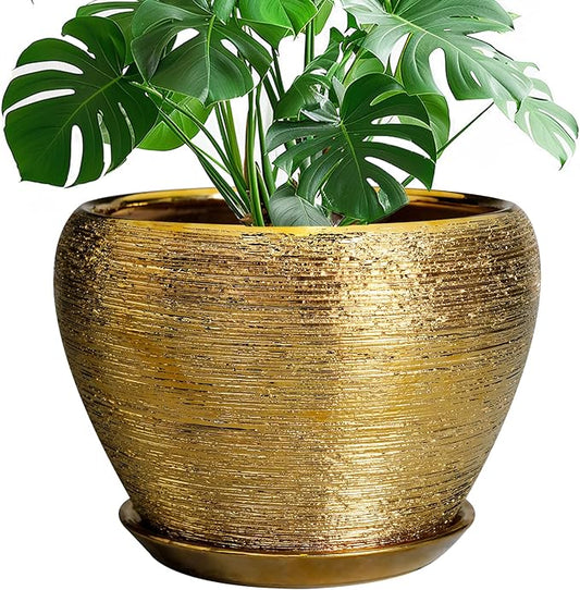 Ceramic Planter 10 Inch - Indoor Plant Pot with Drainage Hole and Saucer Large Decorative Planter Mid-Century Modern Flower Pot Outdoor for Home Decor Gold