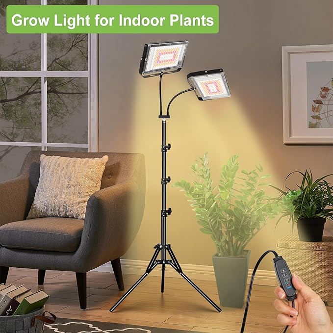 Grow Lights for Indoor Plants,Full Spectrum Standing Plant Grow Light with 4/8/12H Timer, 6 Dimmable Levels,68" Adjustable Tripod, Floor Grow Lamp for Large Indoor Plants, Dual Heads Plus