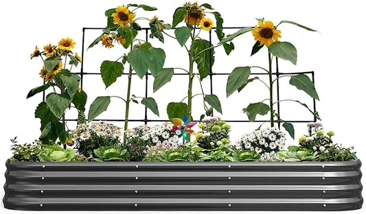 KING BIRD Raised Garden Bed with Wall Trellis Galvanized Planter Garden Box Outdoor for Gardening, Climbing Vegetables, Flowers 7.87x3.94x0.98 Ft, Dark Grey