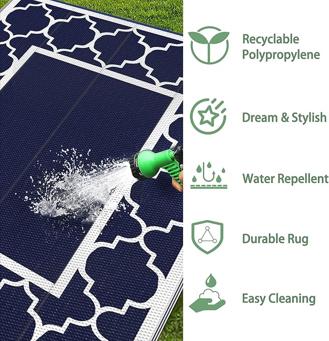 GENIMO 6' x 9' Outdoor Rug Waterproof for Patio Decor, Foldable Reversible Plastic Straw Area Rugs Mat for Camper, Outside Carpet for Rv, Deck, Porch, Picnic, Beach, Balcony, Blue & Grey