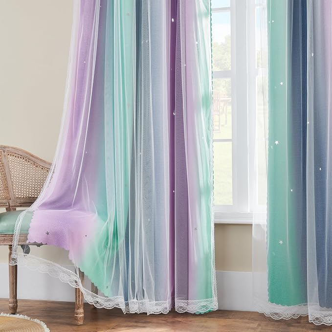XiDi Curtains for Bedroom Decor, Rainbow Purplgreen grey52/90 - Image 4