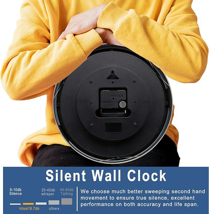 HITO 12 Inch Silent Wall Clock Battery Operated Non Ticking Glass Cover Silver - Image 4