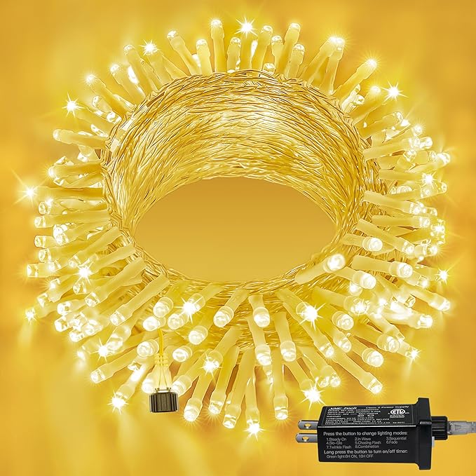 Ollny 120LED 40FT String Lights, Waterproof Connectable Fairy Lights with Timer 8 Modes, Warm White Plug in Christmas Light for Indoor Outdoor Patio Party Bedroom Classroom Decor