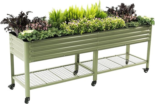 Rolling Elevated Raised Garden Bed-V Series, 2' x 8' Garden Beds with Legs & Storage Rack for Patio & Porch, 1400 Lbs Weight Capacity, Outdoor Planter Box for Vegetables Flower Herbs, Olive Green