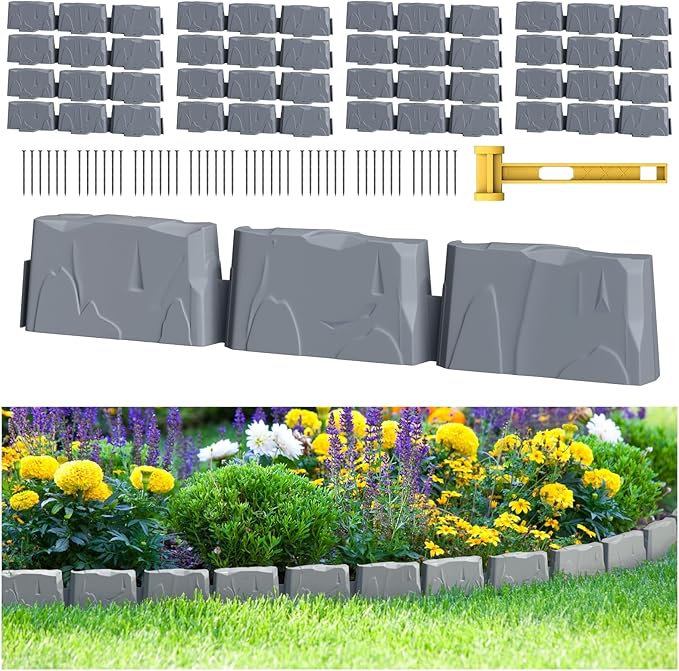 16Pcs Landscape Edging(24 Foot) with 48 Pieces 8-inch Spikes | 3 Inch Tall Faux Stone Edging for Landscaping | Faux Stone Edging Bricks for Flower Bed,Lawn,Yard,Weed Barrier(Dark Grey)