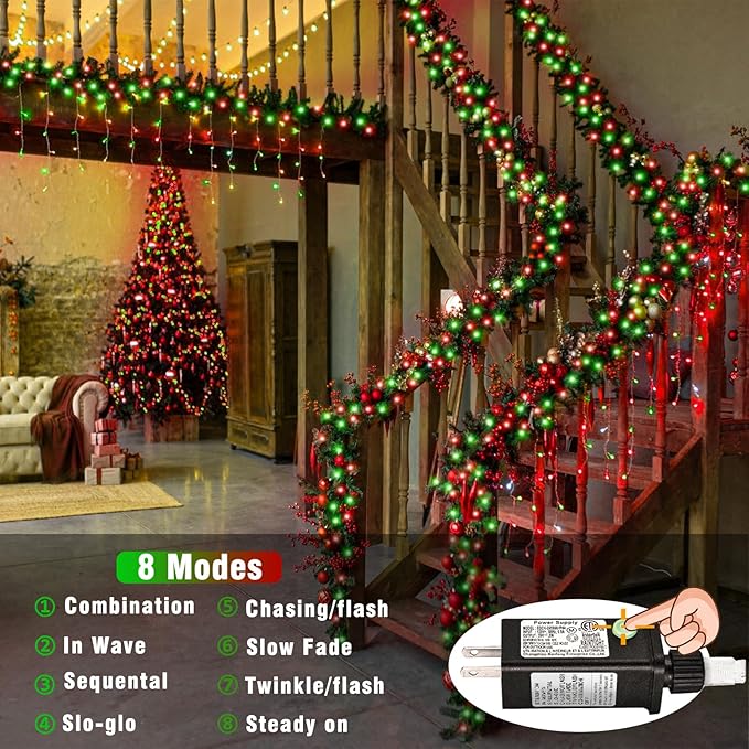 100 LED Red and Green Lights Outdoor - 33ft Red Green String Lights Indoor Clear Wire 8 Modes Plug in Waterproof Twinkle Fairy Lights for Indoor Outside Bedroom Home Party Decorations