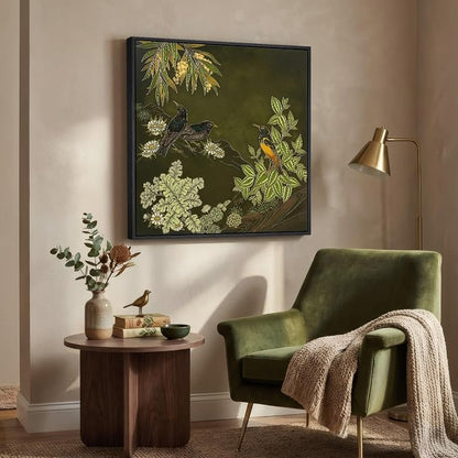 Framed Green Wall Art, Vintage Botanical Flower Bird Nature Canvas Prints - Image 2