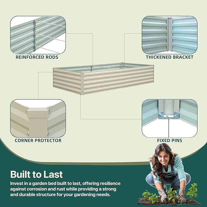 Raised Garden Bed 8×4×1.5FT, Galvanized Raised Garden Beds Outdoor for Vegetables Flowers Herbs, Large Deep Root Planter Box, Tall Raised Garden Bed with 3ftx30ft Weed Barrier Fabric, Beige