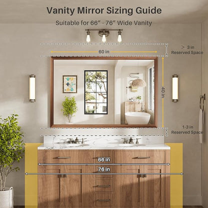 60x40 Inch Bathroom Mirror for Wall, Anti-Rust Walnut Wood Grain Metal Framed - Image 2