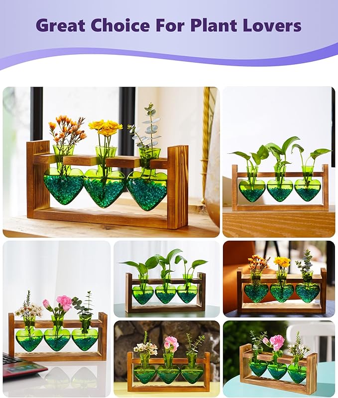 Nacome Plant Terrarium for Office Decor: Birthday Gifts for Plant Lovers Women Mom Wife - Wooden Stand Tabletop Planter 3 Bulb Glass Vase Heart Shaped for Hydroponics Indoor Home(Green)