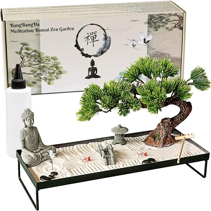 BangBangDa Japanese Meditation-Decoration - Home Office Bonsai Decor for Table Desk - Buddha Rock Sand Tabletop Decor Gifts for Women Man Friends