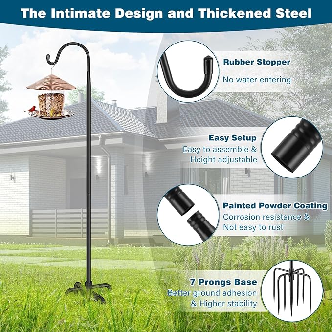 Gtongoko 92 Inch 2 Pack Bird Feeder Poles for Outdoors Heavy Duty, Shepherds Hooks for Outdoor, Hummingbird Feeder Stand, Adjustable Hanger for Plant, Lights, Lanterns Wedding Decor with 7 Prongs Base