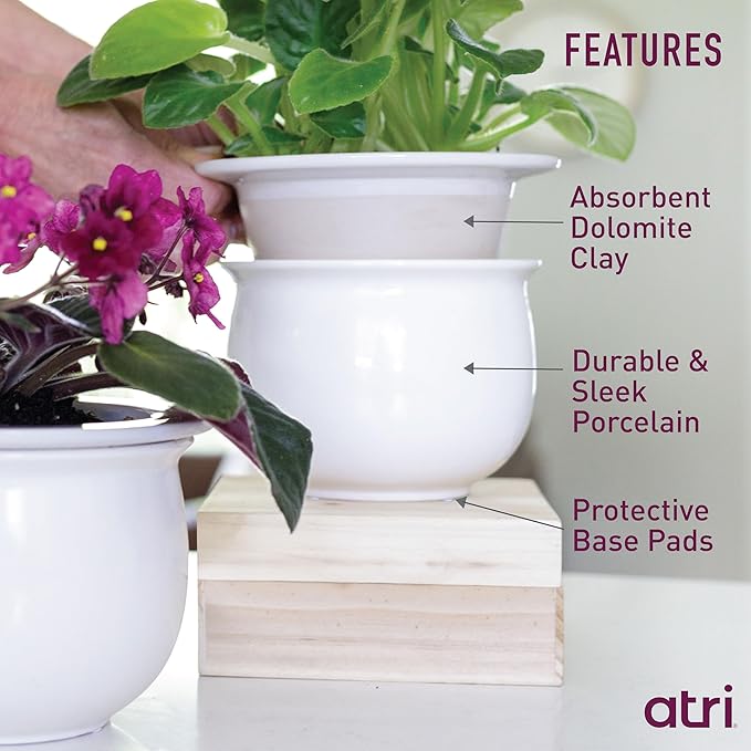 African Violet Pots Ceramic 6.5”W x 4.6”H Self Watering Planter for Indoor Flowers and Plants – White Glazed Outer Plant Pot with Highly Absorbent Inner Planter Pot for Tropical Plants