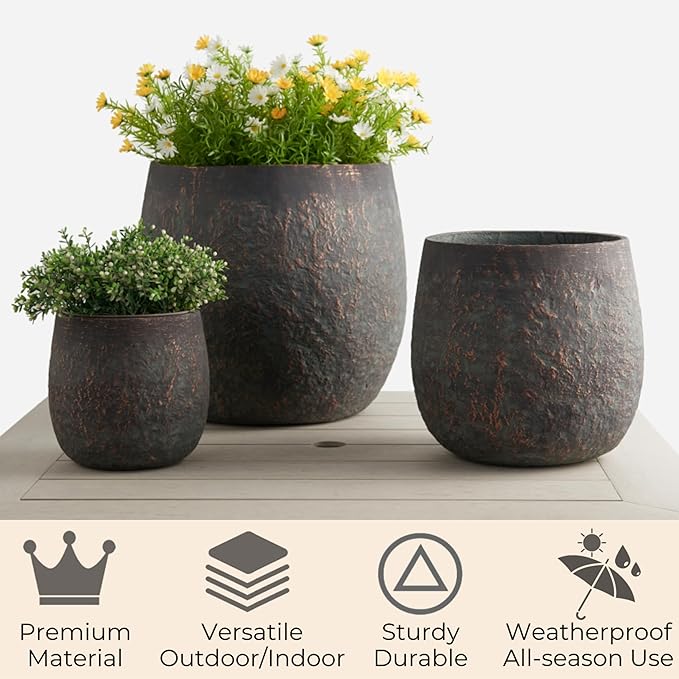 Large Outdoor Planter, 17.32"+12.99"+9.06" Dia Round Weathered Concrete Planter Set of 3, Flower Pots with Drainage Holes, Sealing Plug for Garden, Patio, Home, Office, Greenish Bronze Rust