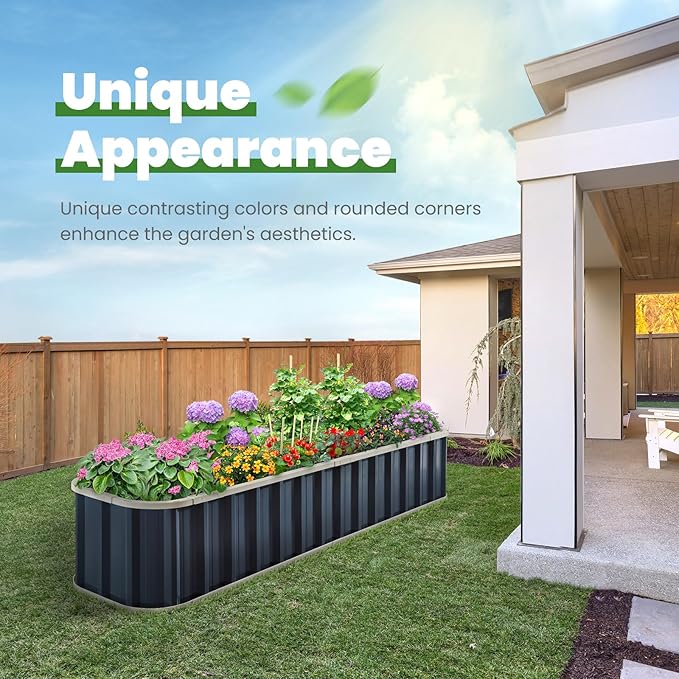 KING BIRD Raised Garden Bed Quick-Install Galvanized Planter Garden Box Outdoor for Gardening, Vegetables, Flowers 7.2x1.7x1 Ft, Dark Grey