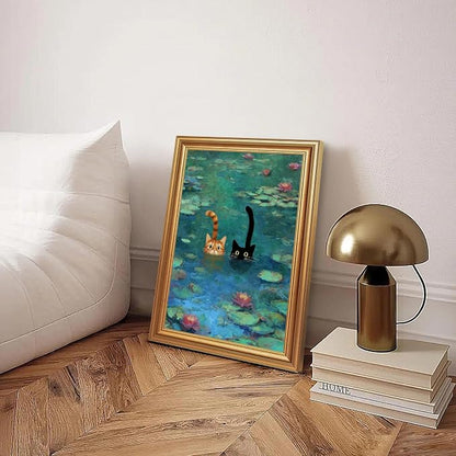 Fantasy Artists Gold Framed Wall Art Prints, Two Swimming Cats in Lotus Pond - Image 4